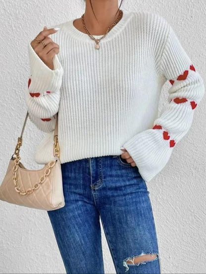 Women'S Heart Pattern Drop Shoulder Sweater, Casual Long Sleeve round Neck Jumper for Daily Outdoor Wear, Women Knit Top for Spring & Fall, Women'S Tops